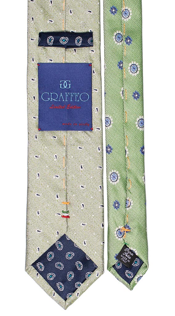 Cravatta Verde Chiaro Paisley Blu Bianco Nodo a Contrasto Blu Micro Fantasia Verde Made in Italy Graffeo Cravatte Pala