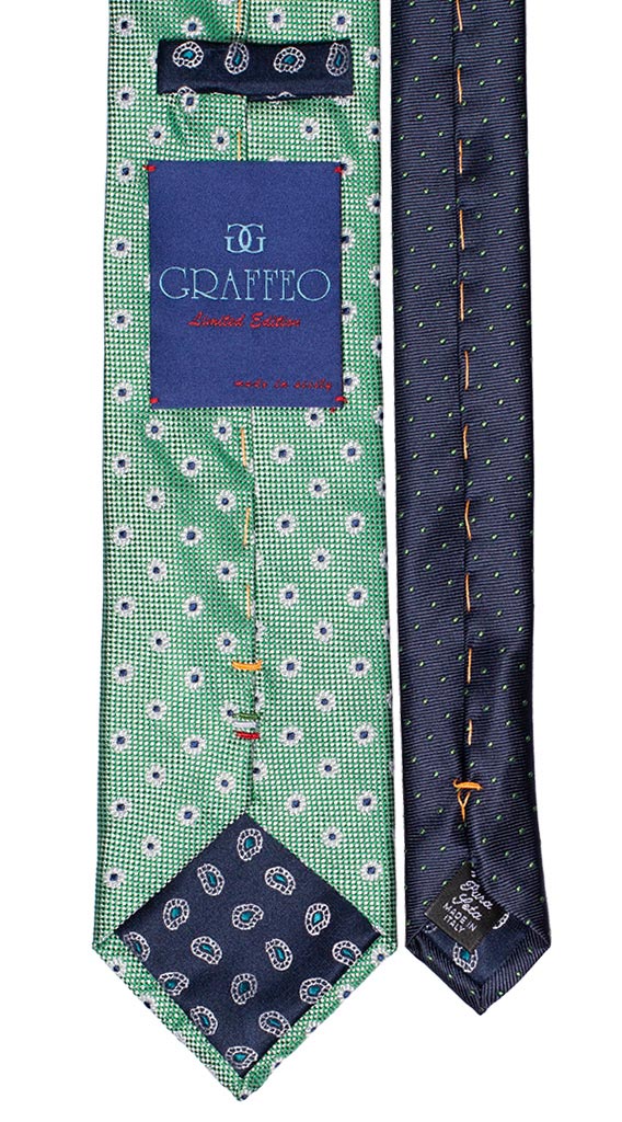 Cravatta Verde Fantasia Floreale Bianca Blu Nodo a Contrasto Blu a Fiori Verde Bianco Made in italy Graffeo Cravatte Pala