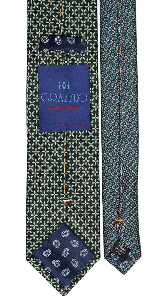 Cravatta Verde Fantasia Tono su Tono Bianco Nodo a Contrasto Blu a Pois Verdi Made in Italy Graffeo Cravatte Pala