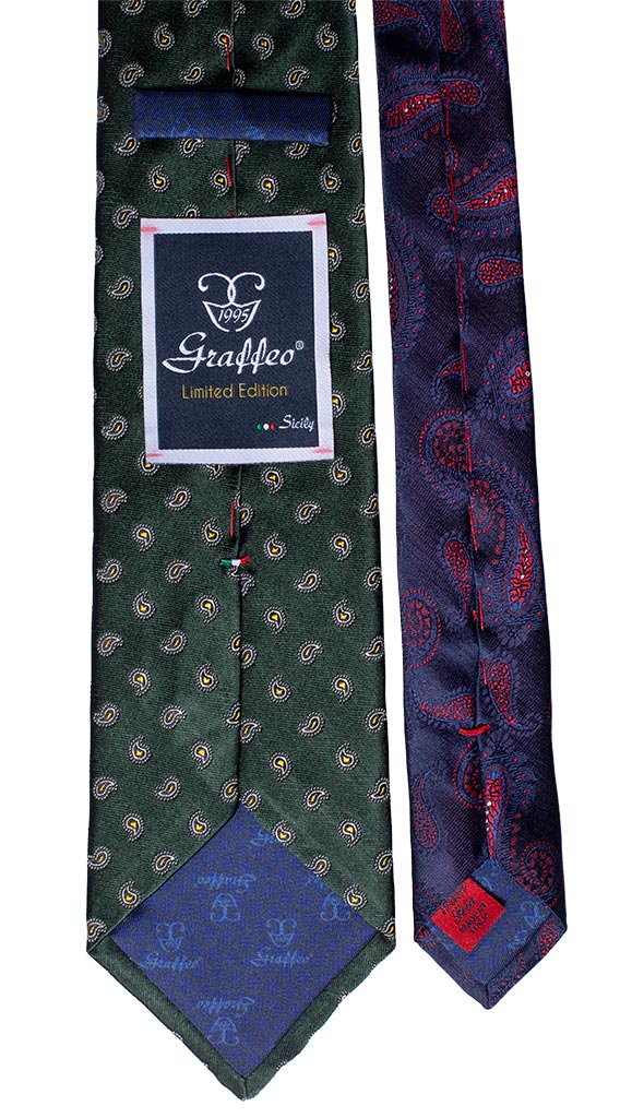 Cravatta Verde Paisley Bianchi Gialli Nodo in Contrasto Giallo Made in Italy Graffeo Cravatte Pala