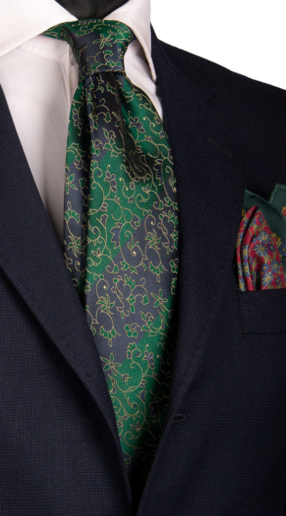 Cravatta Vintage Regimental di Seta Blu Verde Bottiglia a Fiori Made in Italy Graffeo Cravatte