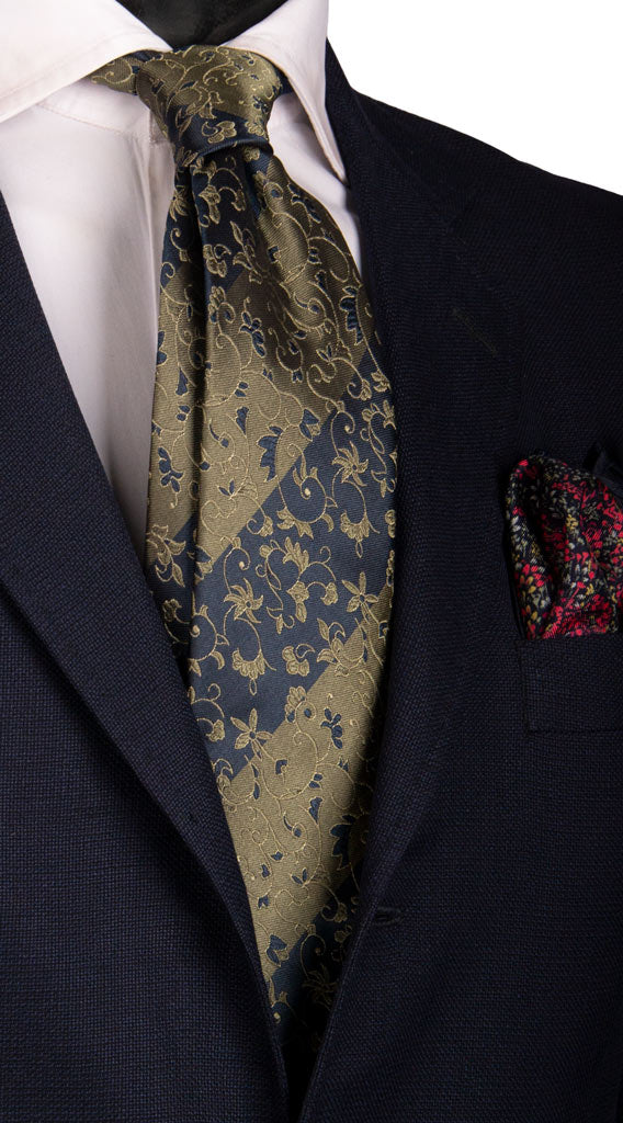 Cravatta Vintage Regimental di Seta Blu Verde a Fiori Made in Italy Graffeo Cravatte