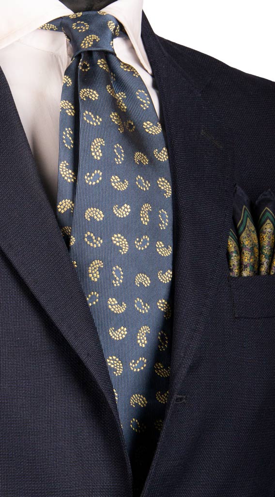 Cravatta Vintage di Seta Blu Navy Paisley Gialli Made in Italy Graffeo Cravatte