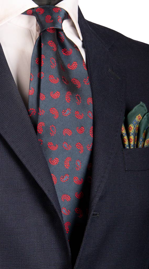 Cravatta Vintage di Seta Blu Paisley Rossi Made in Italy Graffeo Cravatte