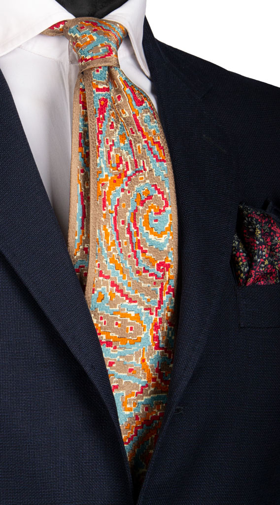 Cravatta Vintage di Seta Jacquard Beige Fantasia Multicolor Made in Italy Graffeo Cravatte