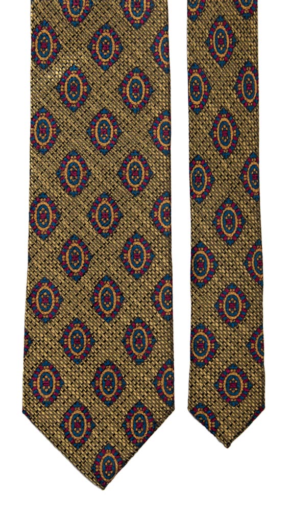 Cravatta Vintage di Seta Jacquard Giallo Oro Nera Fantasia Multicolor Made in Italy Graffeo Cravatte Pala
