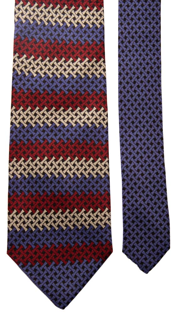 Cravatta Vintage di Seta Jacquard Nera Fantasia Bordeaux Bluette Color Corda Nodo in Contrasto Made in Italy Graffeo Cravatte Pala
