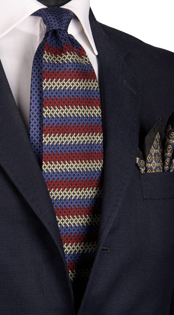 Cravatta Vintage di Seta Jacquard Color Corda Bluette Bordeaux Fantasia Nodo in Contrasto Made in Italy Graffeo Cravatte