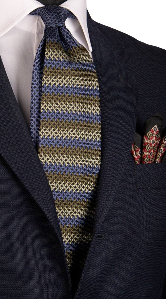 Cravatta Vintage di Seta Jacquard Color Corda Bluette Verde Fantasia Nodo in Contrasto Made in Italy Graffeo Cravatte