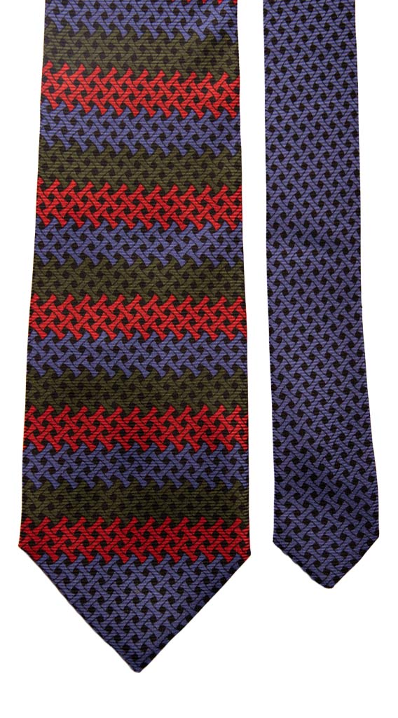 Cravatta Vintage di Seta Jacquard Rossa Bluette Verde Fantasia Nodo in Contrasto Made in Italy Graffeo Cravatte Pala