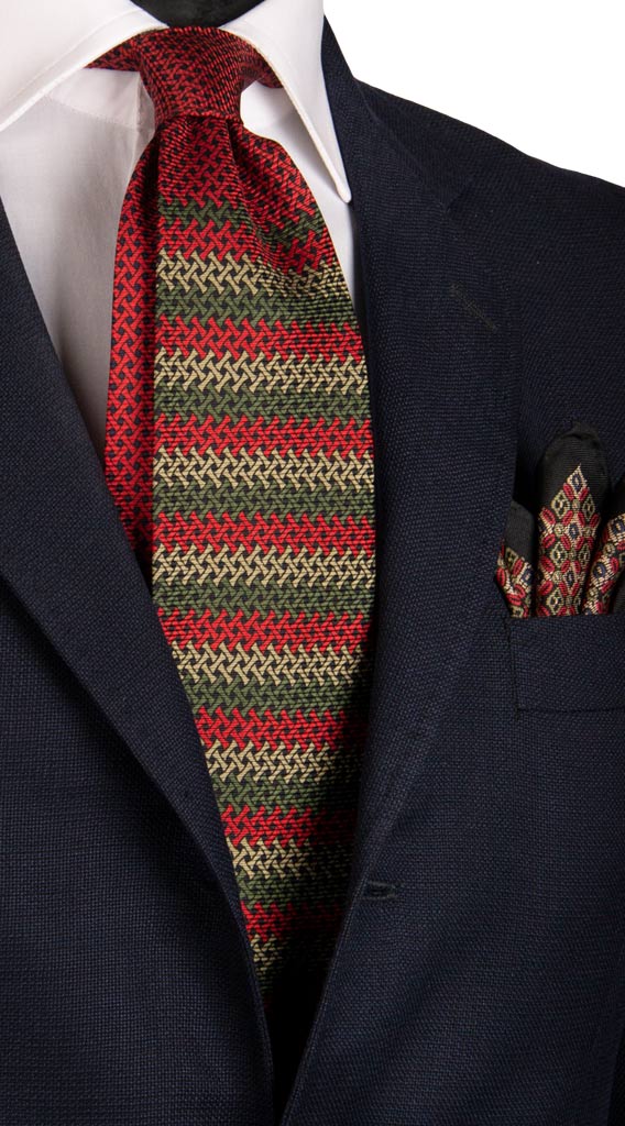 Cravatta Vintage di Seta Jacquard Rosso Color Corda Verde Fantasia Nodo in Contrasto Made in Italy Graffeo Cravatte