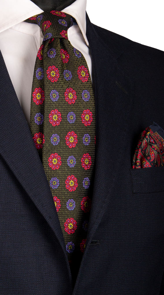 Cravatta Vintage di Seta Jacquard Verde Scuro a Fiori Multicolor Made in Italy Graffeo Cravatte
