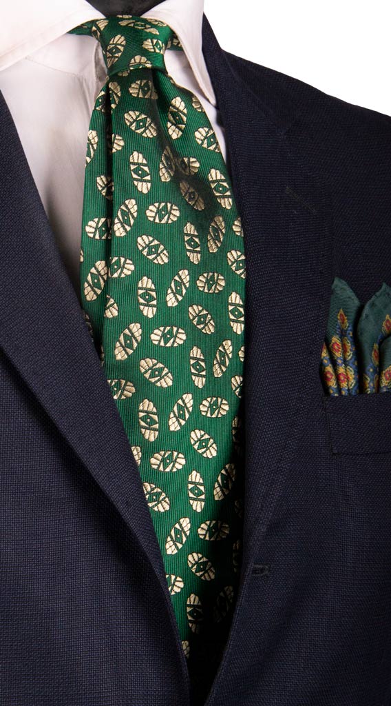 Cravatta Vintage di Seta Verde Fantasia Champagne Made in Italy Graffeo Cravatte