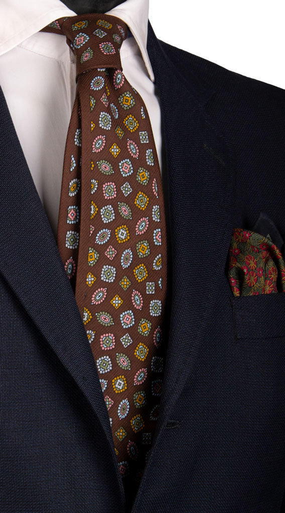 Cravatta Vintage in Crêpe di Seta Marrone Fantasia Multicolor Made in Italy Graffeo Cravatte