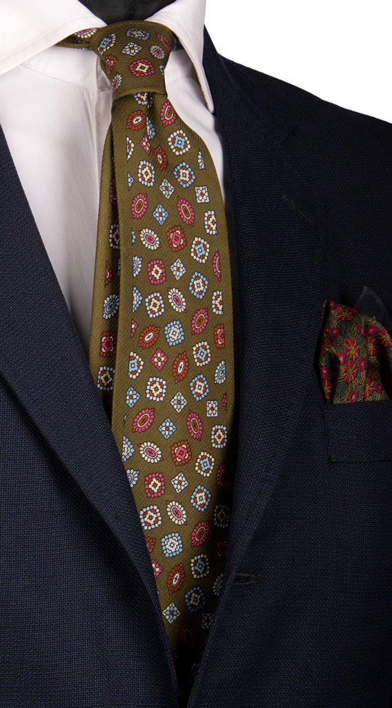 Cravatta Vintage in Crêpe di Seta Verde Fantasia Multicolor Made in italy Graffeo Cravatte