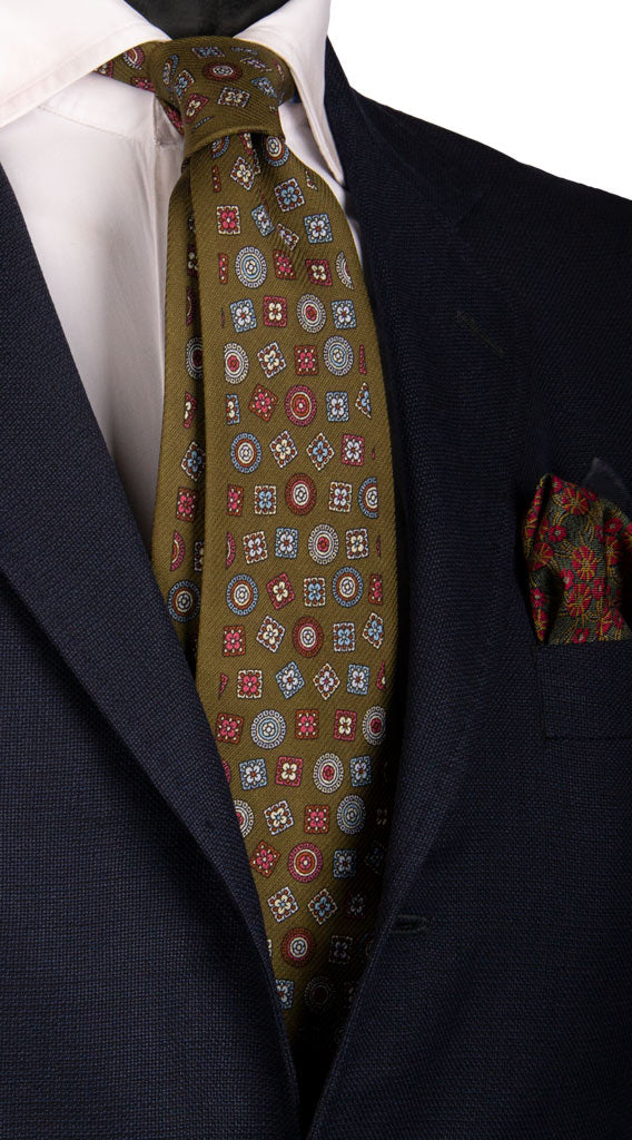 Cravatta Vintage in Crêpe di Seta Verde Fantasia Multicolor Made in italy Graffeo Cravatte
