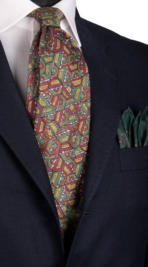 Cravatta Vintage di Seta Jacquard Porpora Fantasia Verde Acqua Verde Oliva Made in Italy Graffeo Cravatte