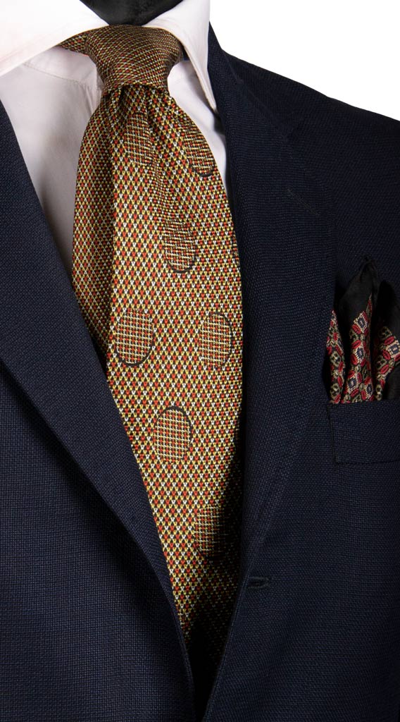Cravatta Vintage in Saia di Seta Arancione Gialla Grigia Fantasia Nodo in Contrasto Made in Italy Graffeo Cravatte