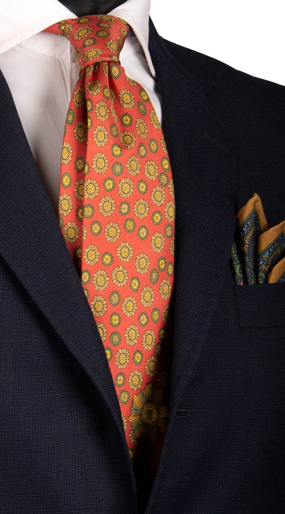 Cravatta Vintage in Saia di Seta Arancione Scuro Fantasia Verde Senape Made in Italy Graffeo Cravatte