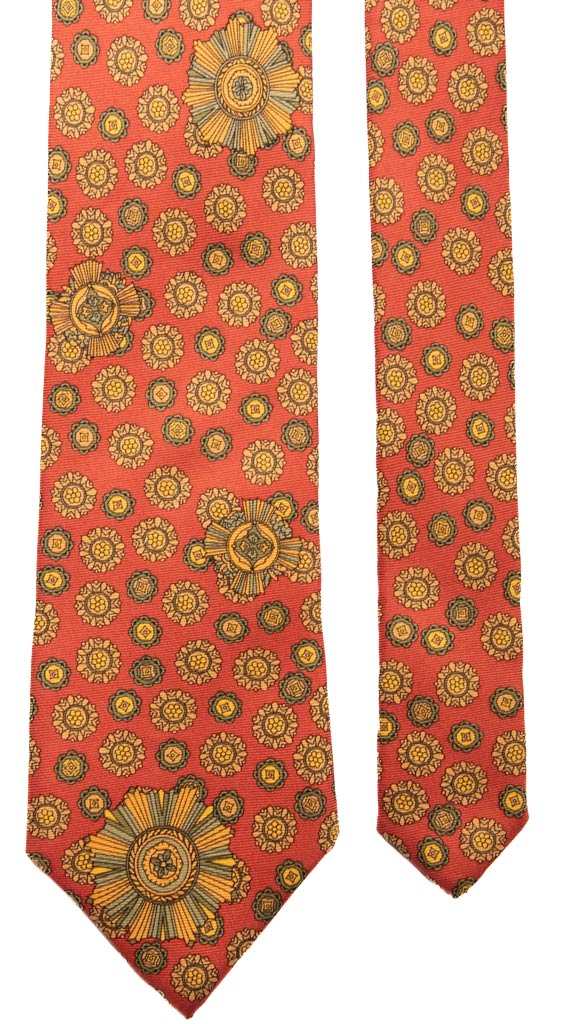 Cravatta Vintage in Saia di Seta Arancione Scuro Fantasia Verde Senape Made in Italy Graffeo Cravatte Pala