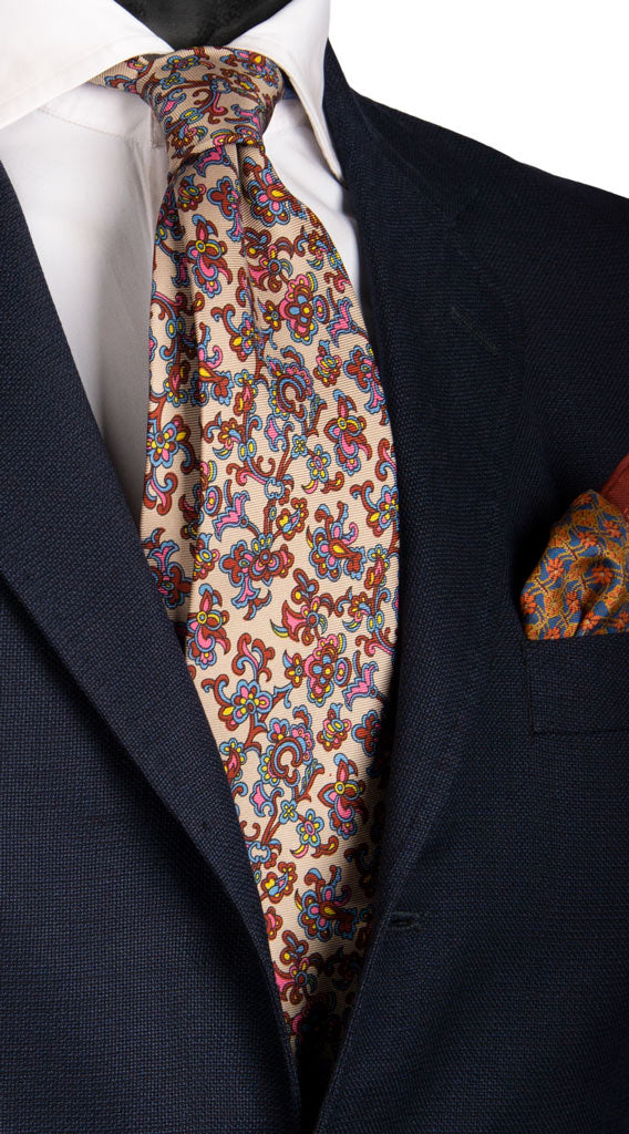 Cravatta Vintage in Saia di Seta Beige a Fiori Multicolor Made in Italy Graffeo Cravatte