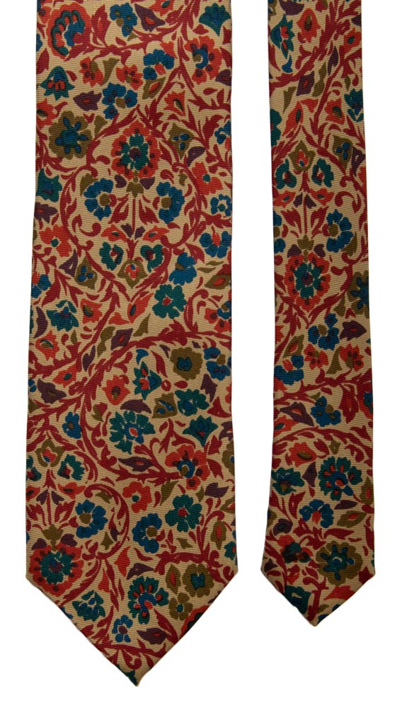 Cravatta Vintage in Saia di Seta Beige a Fiori Multicolor Made in Italy Graffeo Cravatte Pala