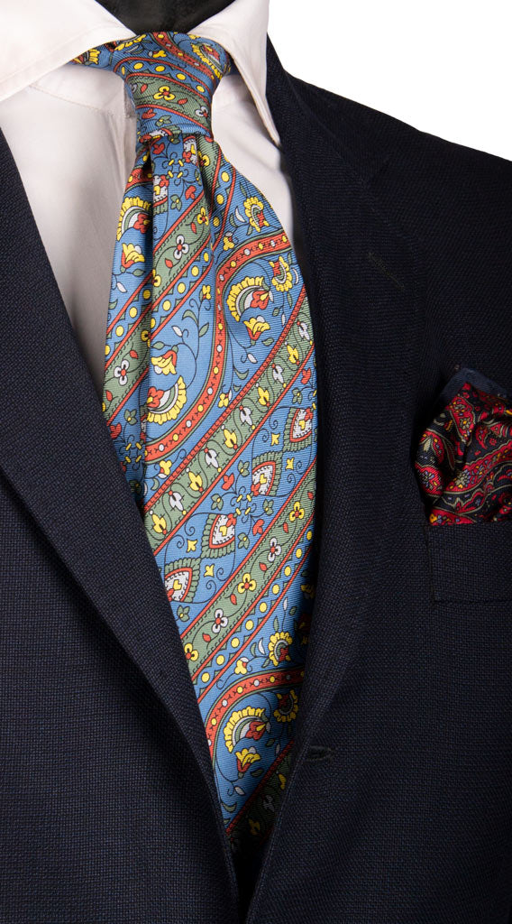 Cravatta Vintage in Saia di Seta Blu Avio Fantasia Multicolor Made in Italy Graffeo Cravatte
