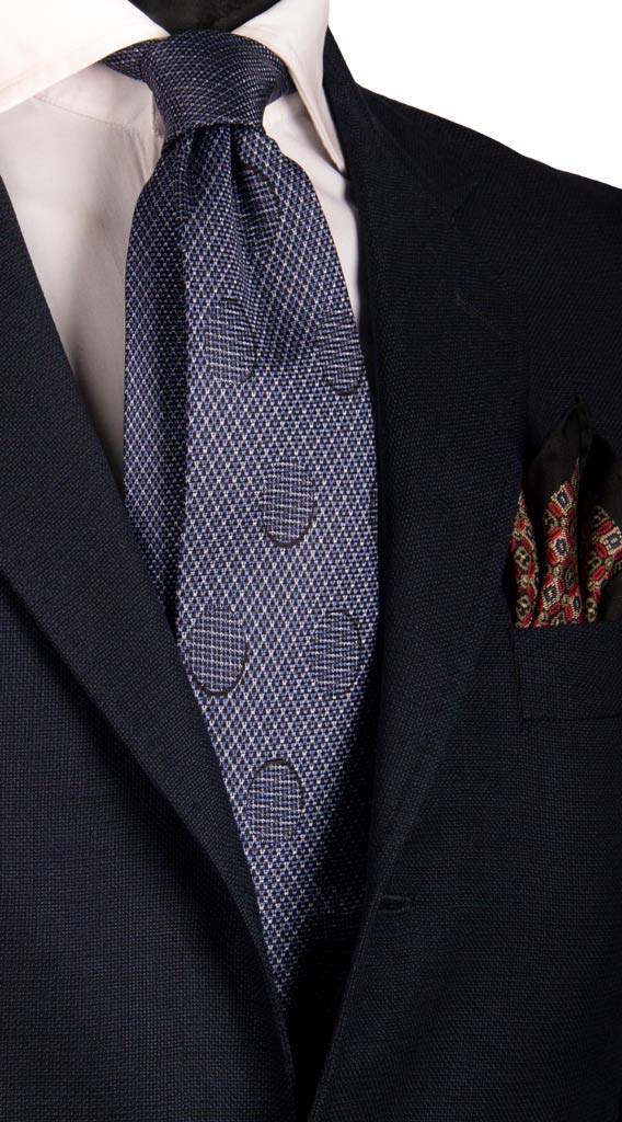 Cravatta Vintage in Saia di Seta Blu Avio Fantasia Nodo in Contrasto Made in Italy Graffeo Cravatte