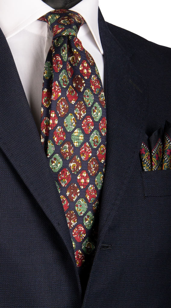 Cravatta Vintage in Saia di Seta Blu Fantasia Borgogna Marrone Verde Salvia Made in Italy Graffeo Cravatte