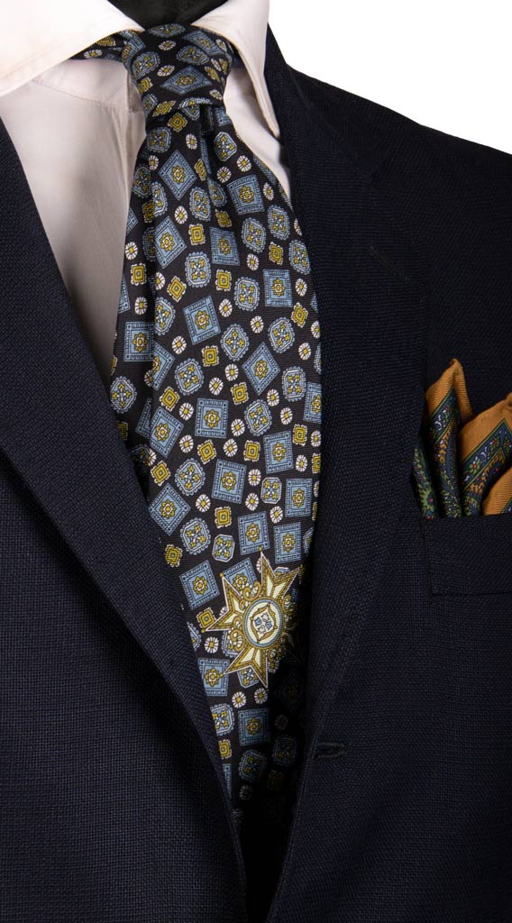 Cravatta Vintage in Saia di Seta Blu Fantasia Celeste Verde Made in Italy Graffeo Cravatte