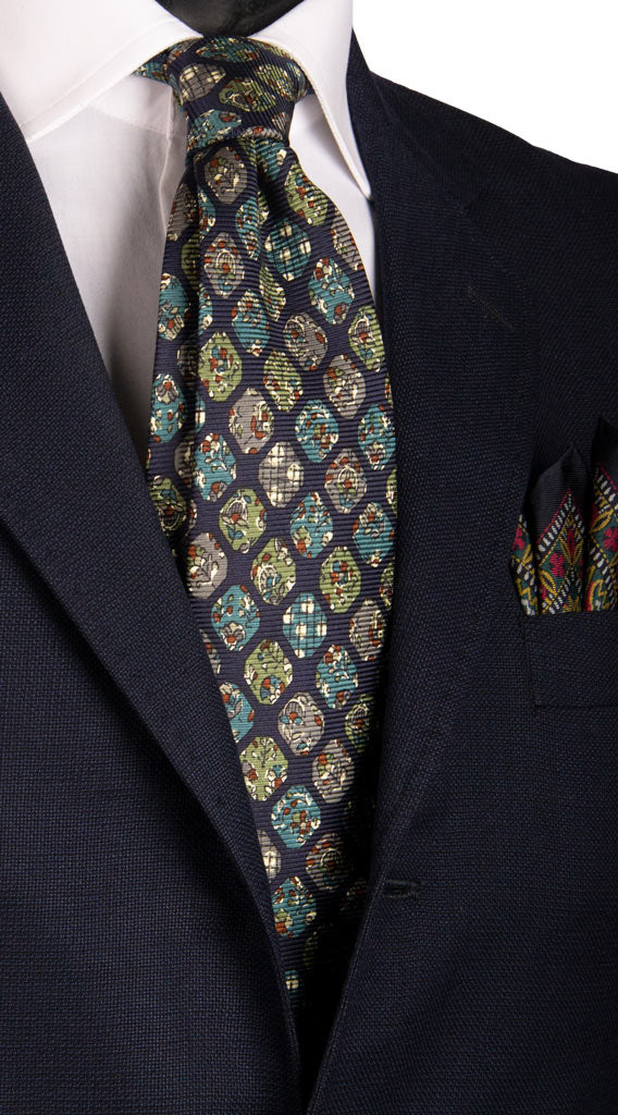 Cravatta Vintage in Saia di Seta Blu Fantasia Grigia Verde Made in italy Graffeo Cravatte