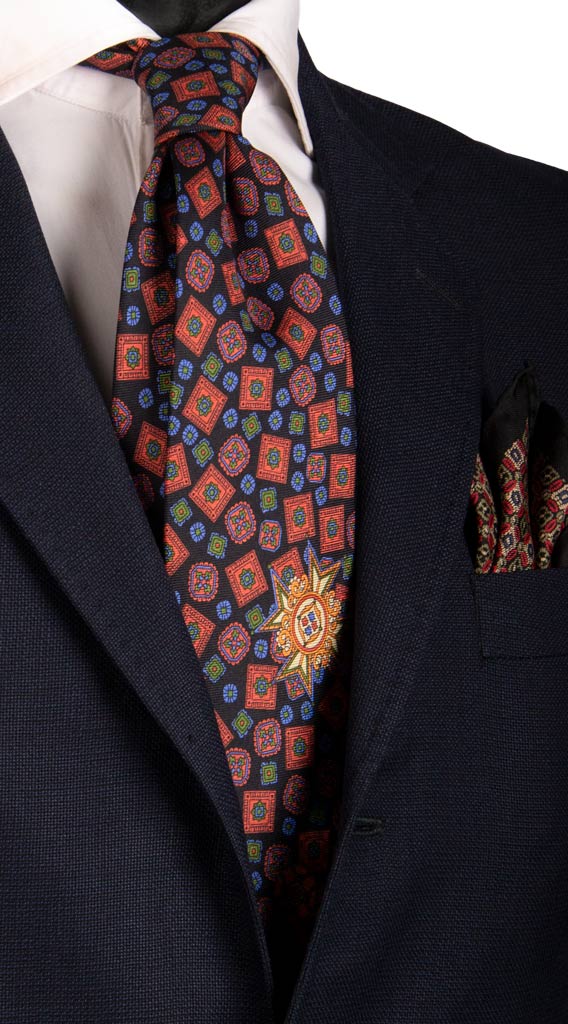 Cravatta Vintage in Saia di Seta Blu Fantasia Multicolor Made in Italy Graffeo Cravatte
