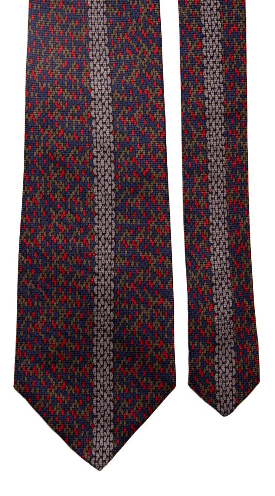 Cravatta Vintage in Saia di Seta Blu Fantasia Multicolor con Disegno Centro Pala Made in Italy Graffeo Cravatte Pala