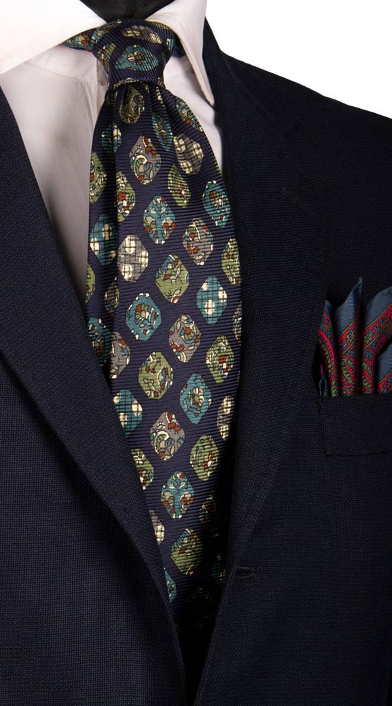 Cravatta Vintage in Saia di Seta Blu Fantasia Verde Grigia Made in Italy Graffeo Cravatte