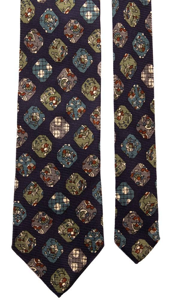 Cravatta Vintage in Saia di Seta Blu Fantasia Verde Grigia Made in Italy Graffeo Cravatte Pala