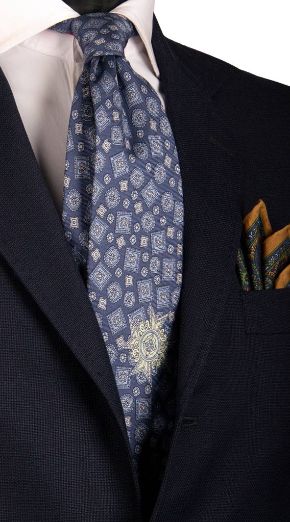 Cravatta Vintage in Saia di Seta Blu Navy Fantasia Celeste Verde Acqua Made in Italy Graffeo Cravatte