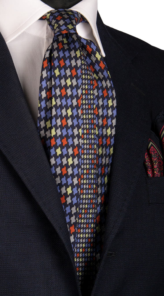 Cravatta Vintage in Saia di Seta Blu Pied de Poule Multicolor con Disegno Centro Pala Made in Italy Graffeo Cravatte