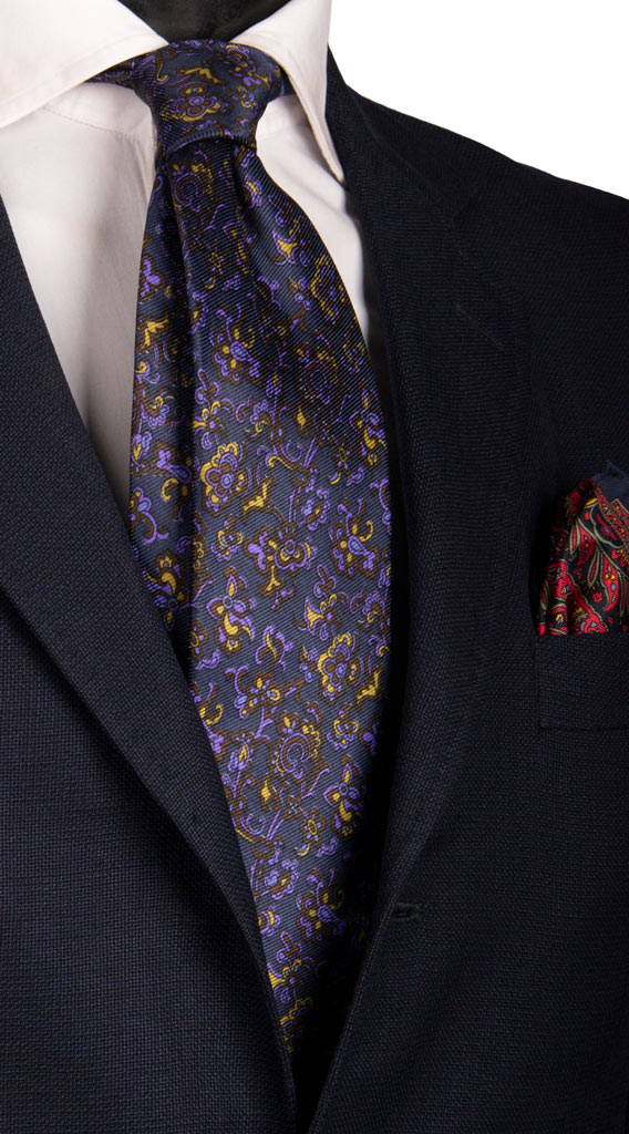 Cravatta Vintage in Saia di Seta Blu a Fiori Marroni Viola Gialli Made in Italy Graffeo Cravatte