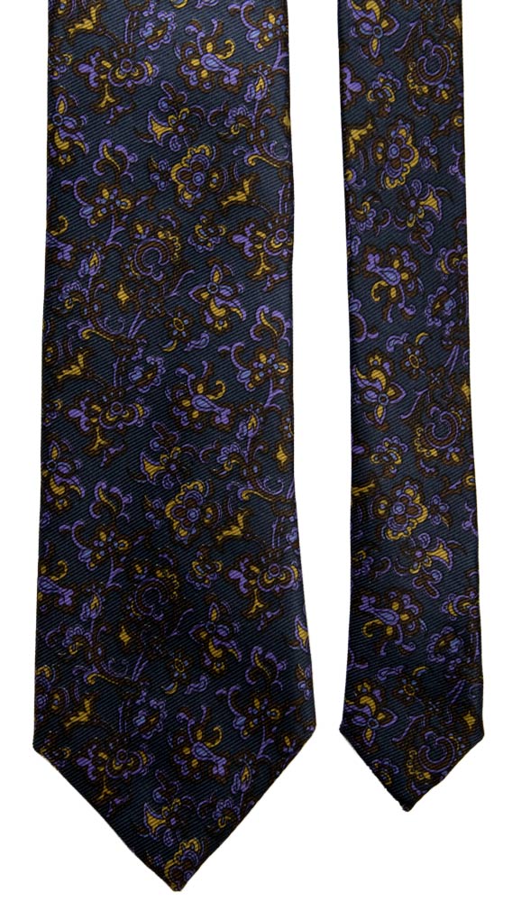 Cravatta Vintage in Saia di Seta Blu a Fiori Marroni Viola Gialli Made in Italy Graffeo Cravatte Pala