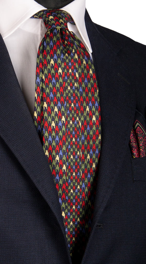 Cravatta Vintage in Saia di Seta Blu Pied de Poule Multicolor con Disegno Centro Pala Made in italy Graffeo Cravatte