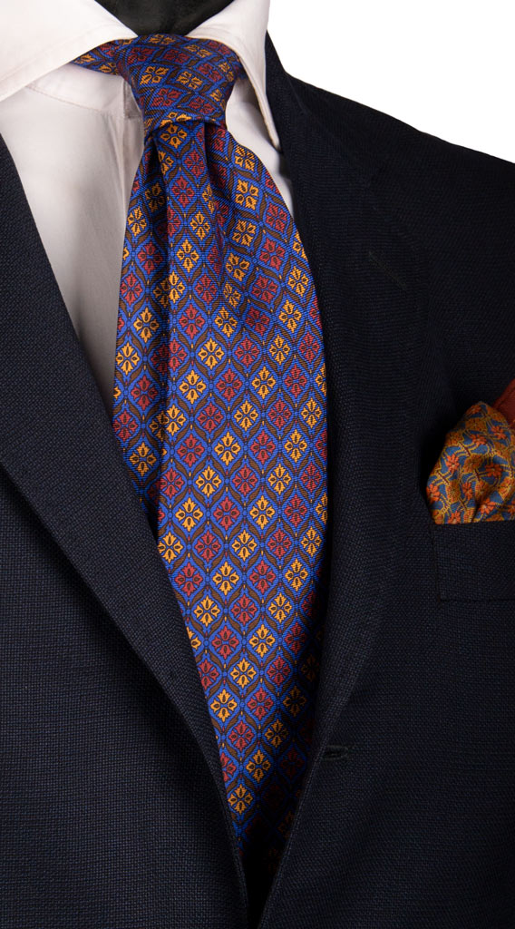 Cravatta Vintage in Saia di Seta Bluette Fantasia Marrone Arancione Mattone Made in Italy Graffeo Cravatte