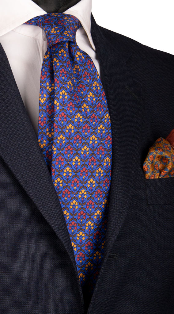 Cravatta Vintage in Saia di Seta Bluette a Fiori Marroni Arancione Mattone Made in Italy graffeo Cravatte