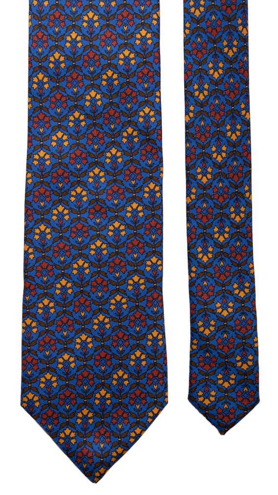 Cravatta Vintage in Saia di Seta Bluette a Fiori Marroni Arancione Mattone Made in Italy Graffeo Cravatte Pala