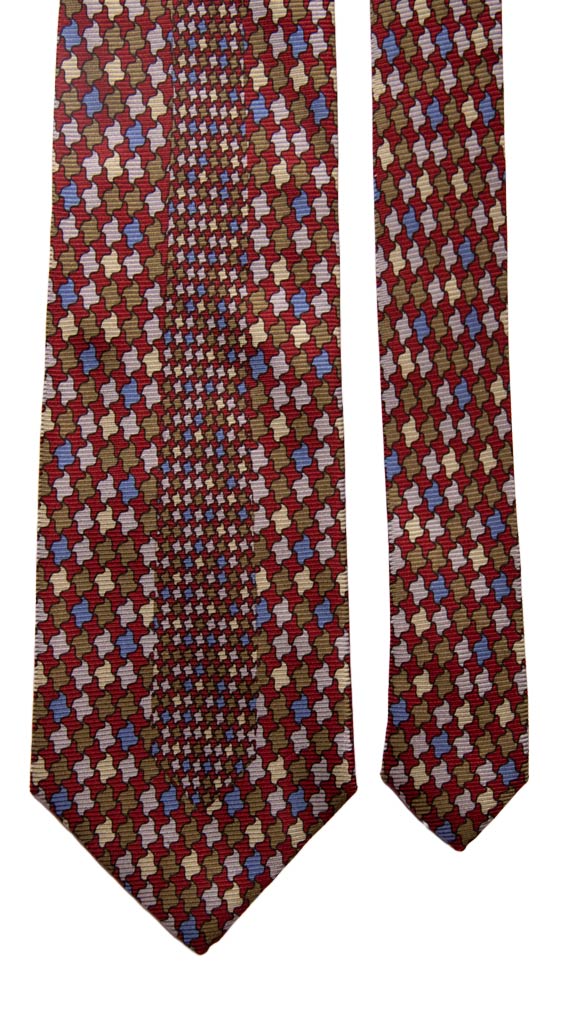 Cravatta Vintage in Saia di Seta Bordeaux Pied de Poule Multicolor con Disegno Centro Pala Made in Italy Graffeo Cravatte Pala