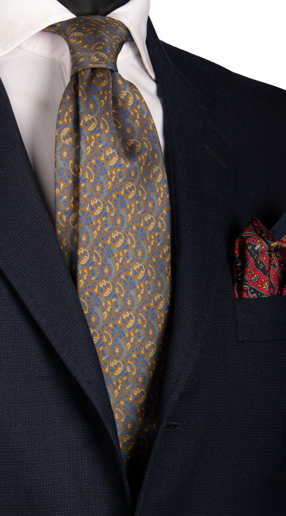 Cravatta Vintage in Saia di Seta Color Cammello Fantasia Bluette Celeste Tortora Made in Italy Graffeo Cravatte