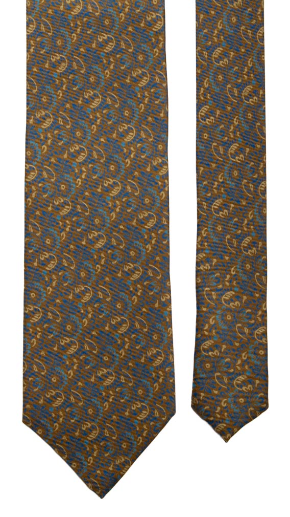 Cravatta Vintage in Saia di Seta Color Cammello Fantasia Bluette Celeste Tortora Made in Italy Graffeo Cravatte Pala