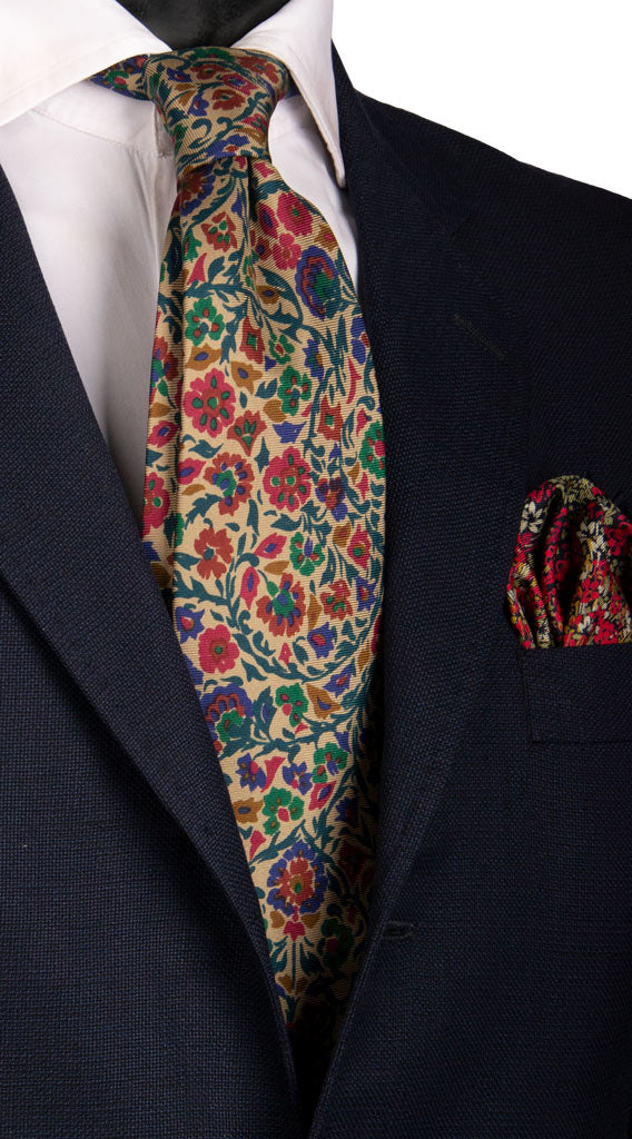 Cravatta Vintage in Saia di Seta Color Corda a Fiori Multicolor Made in Italy Graffeo Cravatte