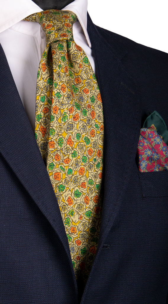 Cravatta Vintage in Saia di Seta Color Senape Fantasia Multicolor Made in Italy Graffeo Cravatte
