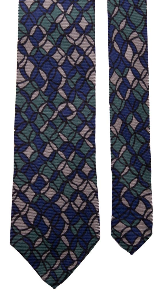 Cravatta Vintage in Saia di Seta Fantasia Verde Bluette Grigia Made in Italy Graffeo Cravatte Pala