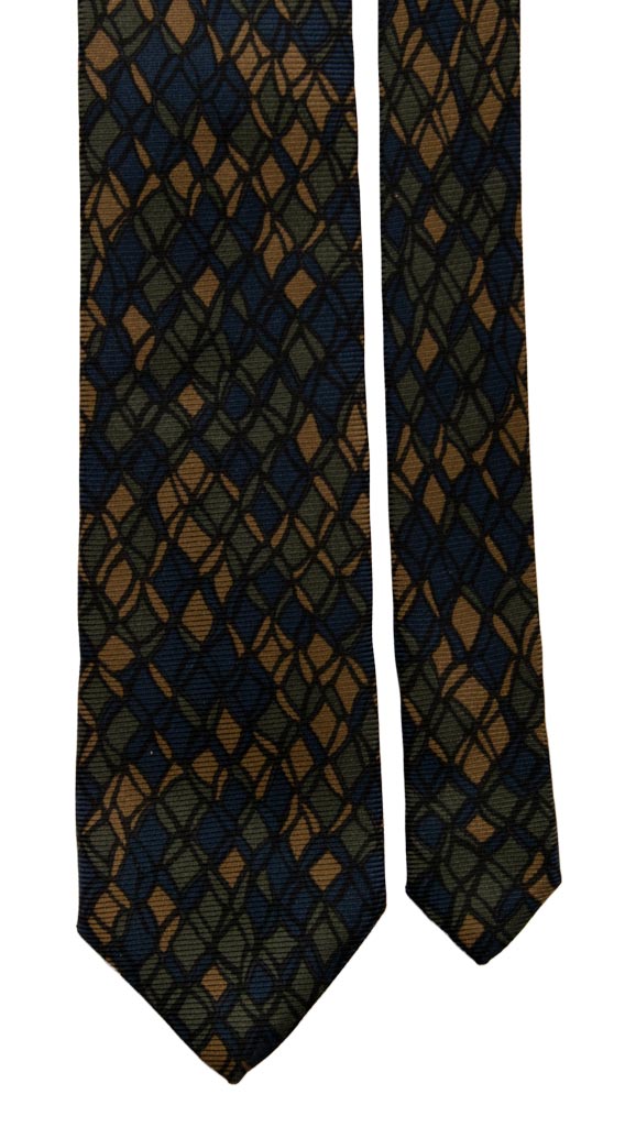 Cravatta Vintage in Saia di Seta Fantasia Verde Oliva Blu Made in Italy Graffeo Cravatte Pala